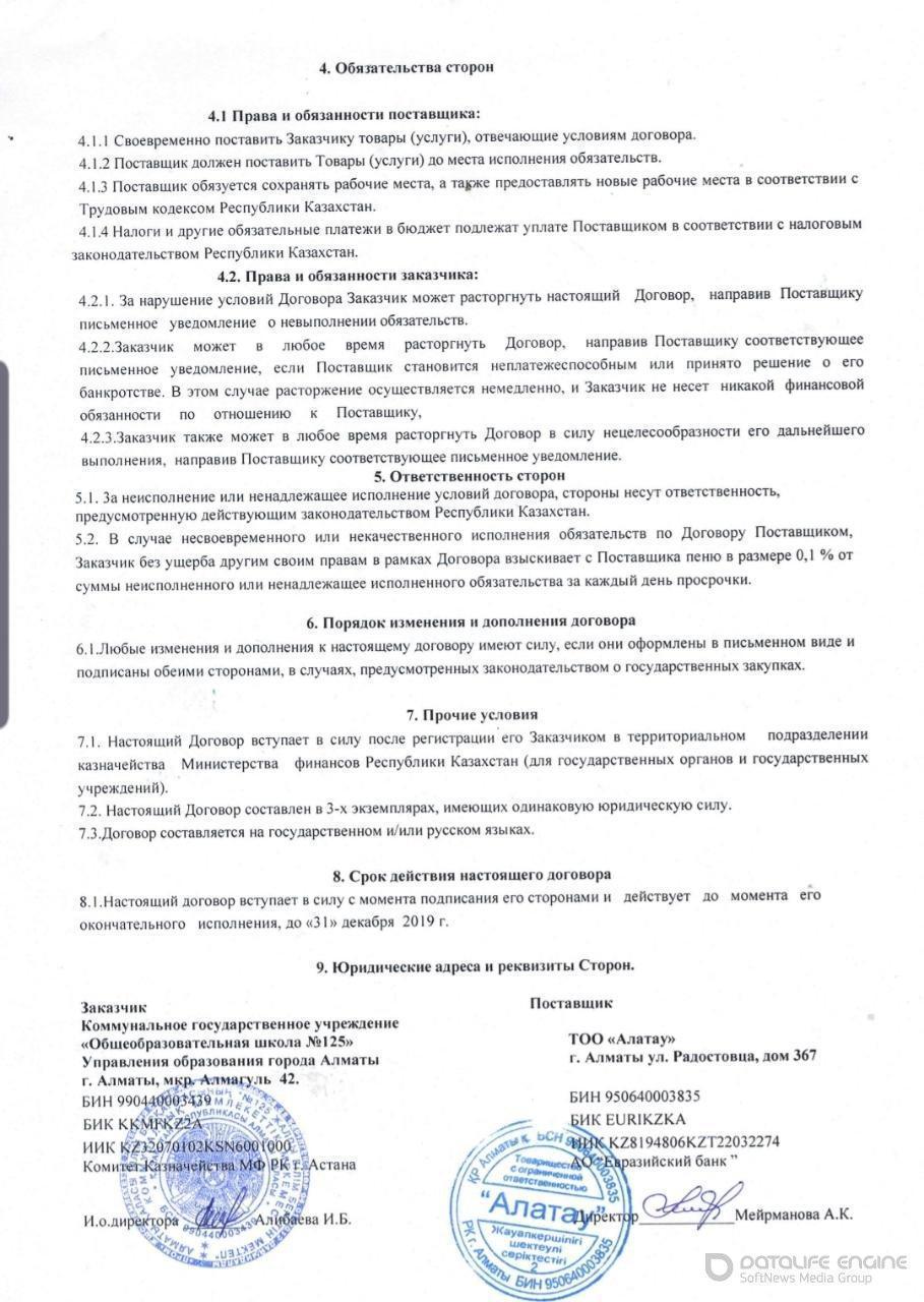 Договор питания   в КГУ ОШ №125 